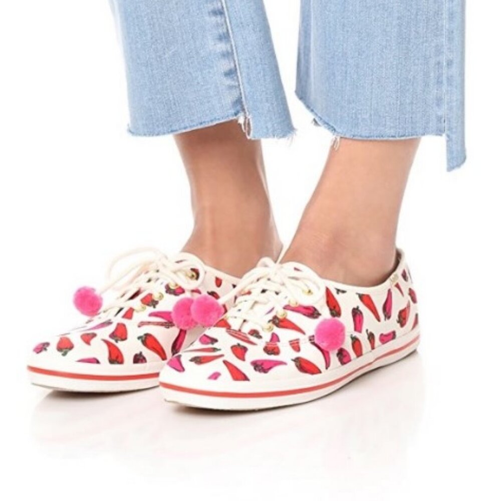 Kate Spade x Keds Canvas Sneakers Size 7.5 Red Chili Pepper Print Pink Poms